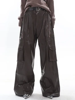 SHENGPALAE Модни Дамски Панталони От Изкуствена Кожа С джобове в стил Мозайка, Обикновена Висококачествени прави Панталони-Карго, Есен 2023, Новост 5R5910 1
