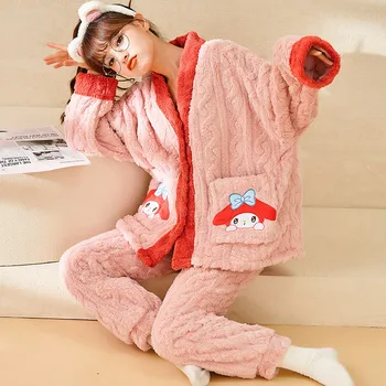 Sanrio My Melody/ дамски плюшен нощница, есен-зима, хубаво момиче, свободни ежедневни пижамные комплекти с анимационни бродерия, халати от коралов руно 1