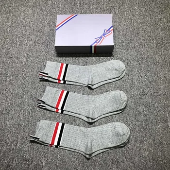 TB 3 Чифта Мъжки Чорапи Памук Висококачествени Класически Чорапи RWB в лента за екипажа Луксозна Марка, Модерни Меки Дишащи унисекс Чорапи 1