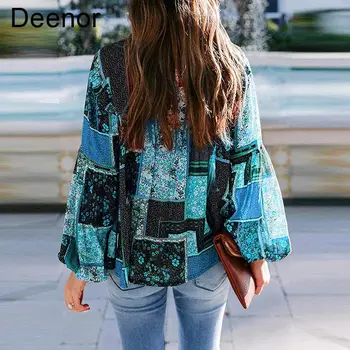 Дамска блуза Deenor от шифон с бохемски принтом, риза с дълъг ръкав-на мехура, ежедневни свободна риза, базова риза за почивка 1