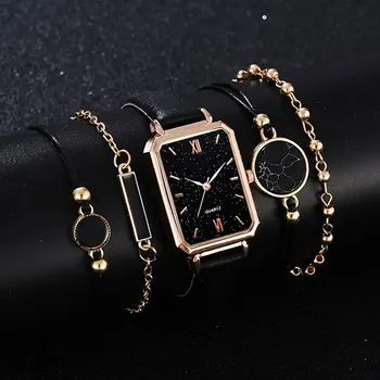 Дамски часовник, комплект от 5 теми, луксозно модно черна рокля е от изкуствена кожа, прости ежедневни дамски кварцов часовник Montre за жени 1