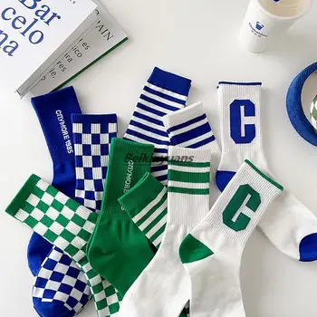 Дамски чорапи от памук ins tide online celebrity носете Klein blue в шахматна дъска модел, дълги зелени високи чорапи 1