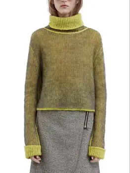 Есенно-зимния вязаный пуловер от смес от мохера за жени, дамски трикотаж с двустранно яка в контрастен цвят 1