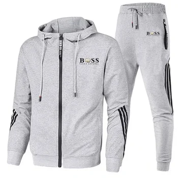 Есента нов модерен спортен брендовый комплект Boss, мъжки hoody с цип + панталони, Всекидневни комплект спортни облекла за фитнес и джогинг 1
