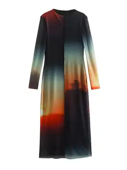 Жена винтажное сетчатое рокля Миди с принтом, изпълнен вратовръзка, Пролет 2023, Дамски панталони, рокли с кръгло деколте и дълъг ръкав, Дамски ежедневни рокли 1