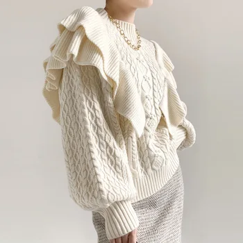 Жена есенно-зимния пуловер с кръгло деколте, ретро вязаный пуловер, дамски пуловери, бежов пуловер с дълъг ръкав, Pull Femme 1