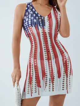 Жена патриотичното рокля за парти на 4 юли без ръкави с принтом на американското и дълбоко прерязано 1
