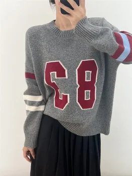 Жена пуловер цифров жаккардовой плетени шарени, сив, 100% вълна, 2024 Пролетни дамски скок с кръгло деколте и дълъг ръкав 1