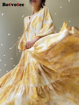 Женствена рокля миди с принтом Botvotee 20223, Есенна новост, винтажное рокля с V-образно деколте и шнур, Елегантни свободни рокли с ръкави-фенерчета 1