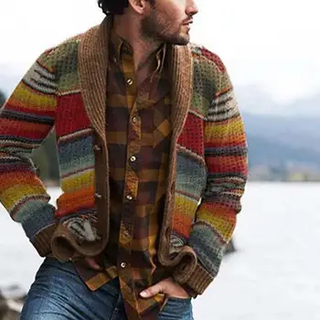 Зимна мъжка вълнена жилетка с качулка, пуловер налита на бой плетени, жилетка с отворена предна част на райе, палта с дълъг ръкав, яке, мъжки дрехи 1