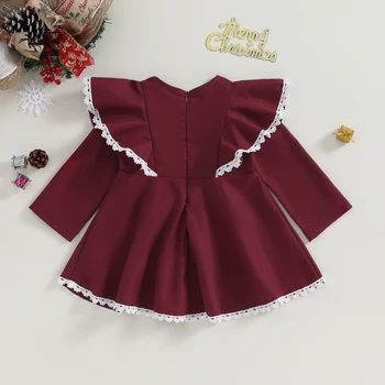 Коледна рокля трапецовидна форма за по-малките момичета с лък, бебешка рокля-опаковка в контрастен цвят с ръкави-мухите и кръгло деколте, рокля-пакет за абитуриентски бал 1