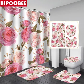 Красива завеса за душ с принтом под формата на розови цветя, пердета за баня в европейски стил и постелки за баня, постелки за тоалетна, домашен декор 1