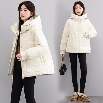 Късо дамско зимно палто с памучна подплата, Корейската версия на свободно плътно топло палто с качулка и памучна подплата за жени 1