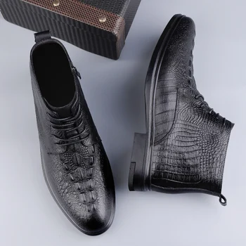 Мъжки ботильоны от естествена кожа с шарките на крокодилска кожа, топли зимни ботуши в старото плюшено меху, Бизнес обувки луксозна марка, високо качество на топли обувки 1