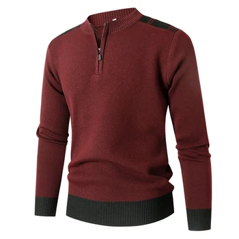 Мъжки ежедневни вязаный пуловер, топъл пуловер, здрав топ в мешковатом стил с цветни блокчета, сив, червен, каки, тъмно син 1