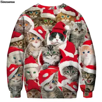Мъжки женски грозни коледни пуловери, пуловери, свитшоты в навечерието на Коледа и Нова година, скок за празнични партита с 3D коледа принтом котка, върхове 1
