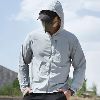 Мъжки солнцезащитная облекло с качулка, леки, дишащи якета, Открит UV 50 +, Върхове за катерене и риболов, лято 1
