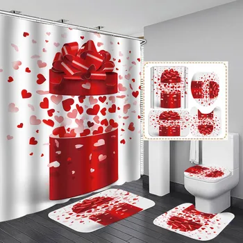 Набор от топъл кърпи за баня в Деня на Св. Валентин, 4 предмета, Комплект завеси за душ с подови изтривалки на разположение, Завеса за баня с душ 1