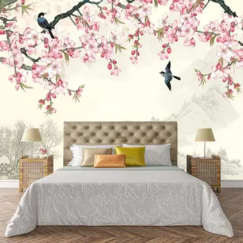 Новият китайски стил, внимателен цвете, птица, слива, мастило, 3D хол, спалня, потребителски самозалепващи се тапети, стенопис 1