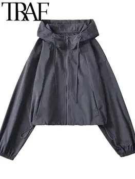 ТРАФИКА на ФЕНОВЕТЕ Tienda 2023, Дамски модни дакроновая яке с качулка, Ежедневни тънки палто с цип с двойни джобове отпред, Casaco Jaqueta 1