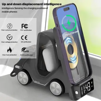 Универсална безжична зарядно устройство 5в1 за iPhone AirPods, умни часовници, автомобилен дизайн, адаптер за нощно осветление, Подкрепа на алармен часовник 1