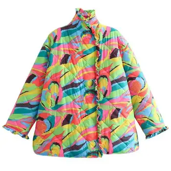 Цветна naka яке в стил бохо, дамски стеганая яке с набори около врата и дълъг ръкав, дамски есен-зима топло яке, палто дамско 1
