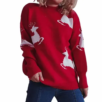 Червен пуловер с принтом елен за двойки Y 2k, Коледен пуловер-топ 1