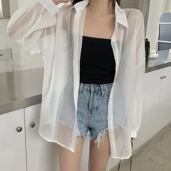 Шифоновая тънка женска риза 2023, Летни Свободни Универсални Дамски слънчеви ризи от ледената коприна в Корейски стил, ежедневни Дамски ризи с дълъг ръкав 1