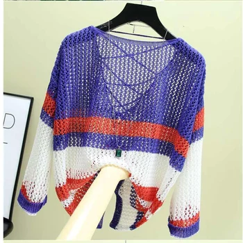2023 Годишен женски вязаный пуловер на райета, Свободно случайни топ с къс ръкав, Женски скок с изрези 2