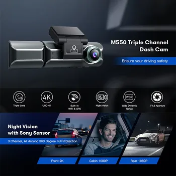 3-канална видеорегистраторная камера, а предната и задната част на трипътен автомобили видеорегистраторная помещение, двуканална 4K + 1080P, с GPS, WiFi, IR за нощно виждане 2