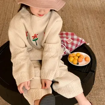7466 Комплект детски дрехи 2023 Есен, нов вязаный пуловер за корейски момичета, вязаный пуловер в цветенце + панталони, комплект от две части 2
