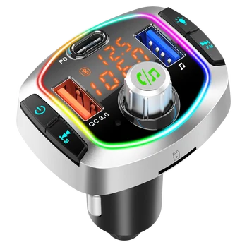 Led Bluetooth Автомобилен FM Трансмитер MP3 TF/U Дисков Плейър Хендсфри Комплект за Кола Адаптер Dual USB QC 3.0 + PD Type C Бързо Зарядно Устройство 2