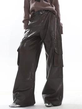 SHENGPALAE Модни Дамски Панталони От Изкуствена Кожа С джобове в стил Мозайка, Обикновена Висококачествени прави Панталони-Карго, Есен 2023, Новост 5R5910 2