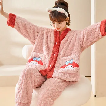 Sanrio My Melody/ дамски плюшен нощница, есен-зима, хубаво момиче, свободни ежедневни пижамные комплекти с анимационни бродерия, халати от коралов руно 2