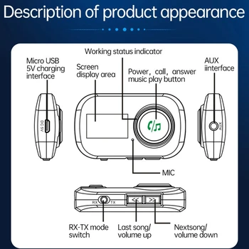 Автомобилен LCD Дисплей Bluetooth 5.0 Аудио Предавател, Приемник, AUX Стерео MP3-Плейър Handfrees Безжичен Адаптер За Разговори 2