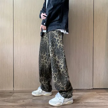 Американски дънки с леопардовым принтом за хай стрийт, мъжки Универсалните Модни Преки Свободни панталони, прости ежедневни панталони с девет точки, мъжки эстетичные 2