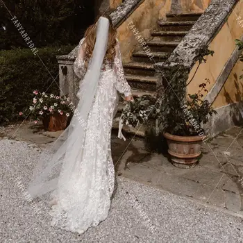 Дантелено сватбена рокля с ръкав-фенерче, уникални богемные сватбени рокли трапецовидна форма, плажен струята, noivas DW285 2