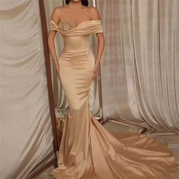 Елегантни вечерни рокли на Русалка цвят шампанско в Арабския Дубай, лъскава, секси, с открити рамене, Сатен, бродирани с мъниста, вечерни рокли за бала 2023 година. 2