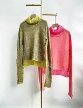 Есенно-зимния вязаный пуловер от смес от мохера за жени, дамски трикотаж с двустранно яка в контрастен цвят 2