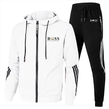 Есента нов модерен спортен брендовый комплект Boss, мъжки hoody с цип + панталони, Всекидневни комплект спортни облекла за фитнес и джогинг 2