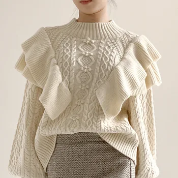 Жена есенно-зимния пуловер с кръгло деколте, ретро вязаный пуловер, дамски пуловери, бежов пуловер с дълъг ръкав, Pull Femme 2