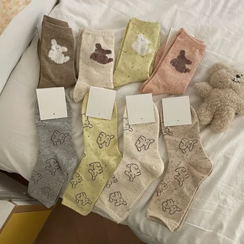 Зима есен Топлите къси чорапи за сън с принтом Kawai, женски забавни сладки топли чорапи за кучета с бели облаци, високи дълги чорапи 2