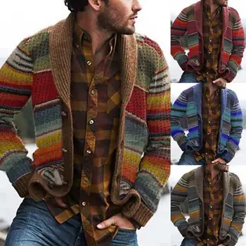 Зимна мъжка вълнена жилетка с качулка, пуловер налита на бой плетени, жилетка с отворена предна част на райе, палта с дълъг ръкав, яке, мъжки дрехи 2