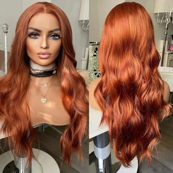 Имбирно-orange обемна вълна, изкуствена коса, перуки отпред на дантели за жени, натурален Черен С косата на бебето, Топлоустойчива влакна, всеки ден перуки 2
