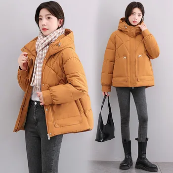 Късо дамско зимно палто с памучна подплата, Корейската версия на свободно плътно топло палто с качулка и памучна подплата за жени 2