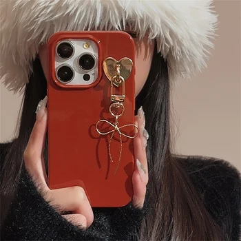 Луксозен корейски висулка с лък Червен прост обикновен калъф за телефон iPhone 15 14 13 12 11 Pro Max устойчив на удари Мека делото Funda 2