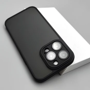 Луксозен прозрачен матиран устойчив на удари силиконов калъф за iPhone 15 14 13 12 Pro Max Plus, защитен капак на обектива на камерата с метален бутон 2