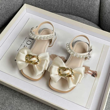 Луксозни дамски сандали с метален декор, детски летни обувки с квадратни пръсти, на нисък ток, за партита, Красиви детски обувки 26-36 три цвята 2