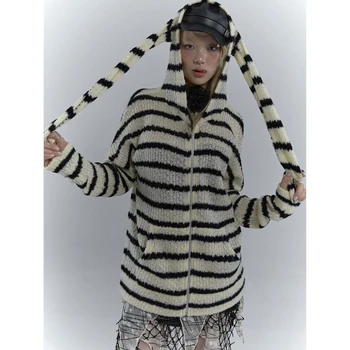 Модерен вязаный пуловер на райета, палто, жилетка с дълъг ръкав и качулка, вязаная на горно облекло свободно cut 2