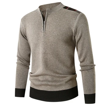 Мъжки ежедневни вязаный пуловер, топъл пуловер, здрав топ в мешковатом стил с цветни блокчета, сив, червен, каки, тъмно син 2